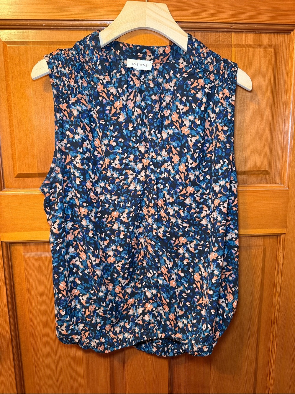Evereve Black Floral Sleeveless Banded Bottom Blouse with Peach and GreenAccents